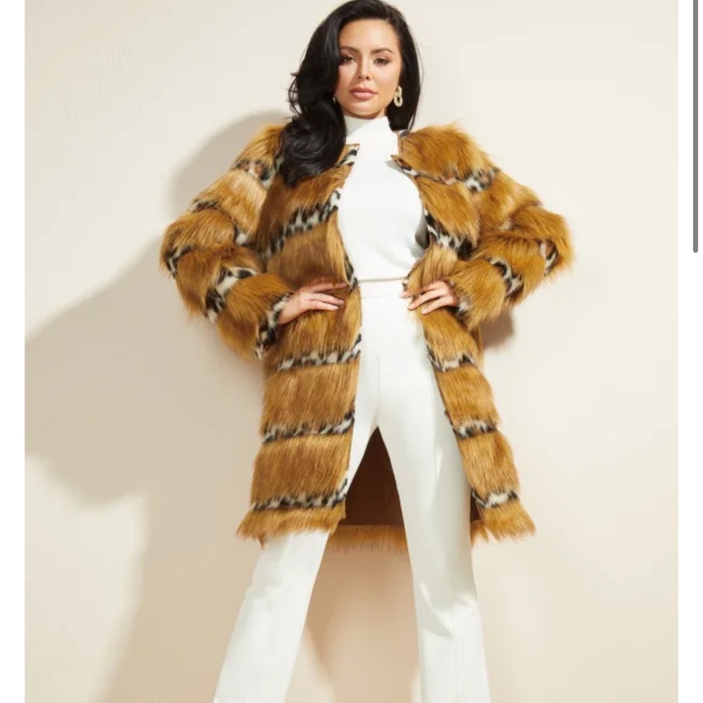New Guess Marciano Stacy Shiny Macu Faux Fur Long Winter Coat S 4